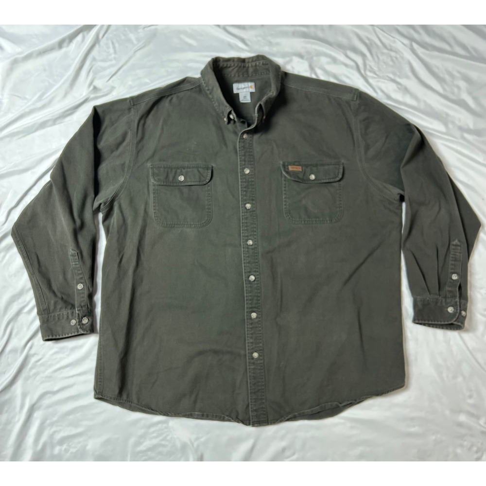 Carhartt Mens 2XL Tall Moss Green Canvas Oakman Work Shirt Button Down S09MOS